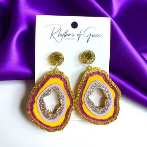 Dazzling Purple & Gold Glitter Geode Drop Earrings - Sparkle in Style! NWT